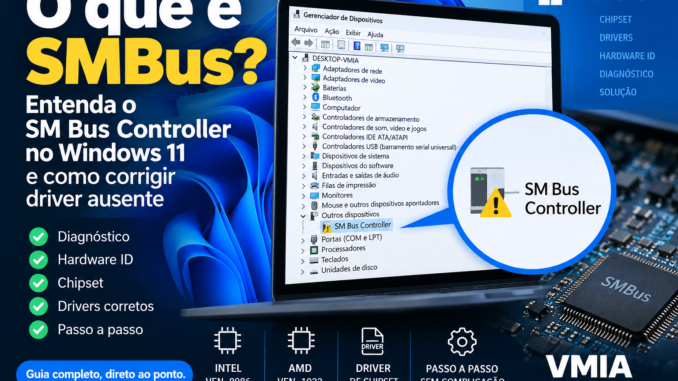 SM Bus Controller no Windows 11 com alerta no Gerenciador de Dispositivos e diagnóstico de driver do chipset