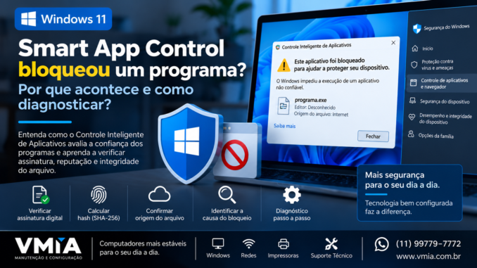 Smart App Control bloqueando um programa no Windows 11 com diagnóstico de assinatura digital e integridade do arquivo