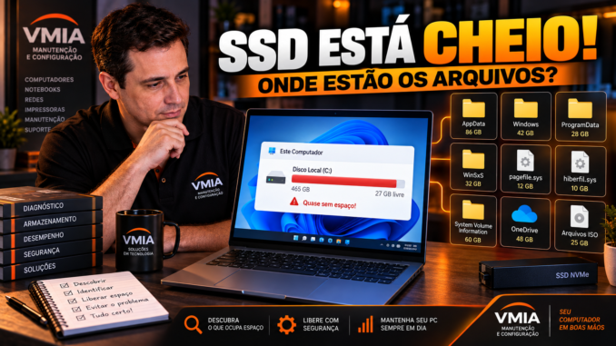 SSD cheio no Windows 11 mostrando pouco espaço livre e pastas ocultas que ocupam armazenamento