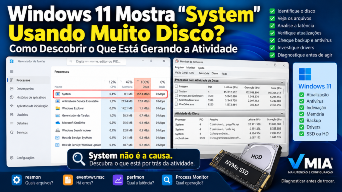 System usando muito disco no Windows 11 mostrando disco em 100%, Monitor de Recursos, latência e diagnóstico de SSD e HD