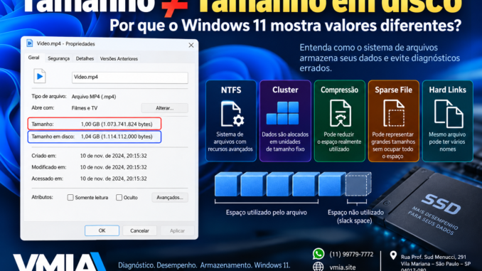 Tamanho e Tamanho em disco no Windows 11 mostrando NTFS, clusters, compressão, Sparse File, Hard Links e slack space
