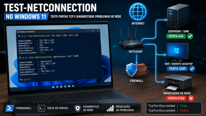 Test-NetConnection no Windows 11 testando portas TCP 445, 3389 e 9100 para diagnóstico de problemas de rede