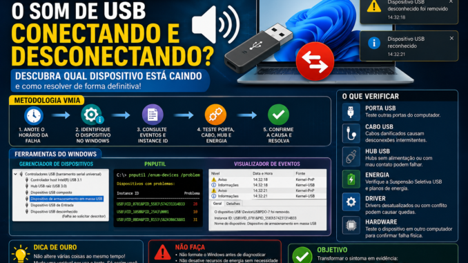 USB conectando e desconectando no Windows 11 com diagnóstico pelo Gerenciador de Dispositivos, PnPUtil e Visualizador de Eventos
