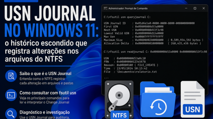 USN Journal no Windows 11 mostrando o comando fsutil usn e o registro de alterações em arquivos do NTFS.