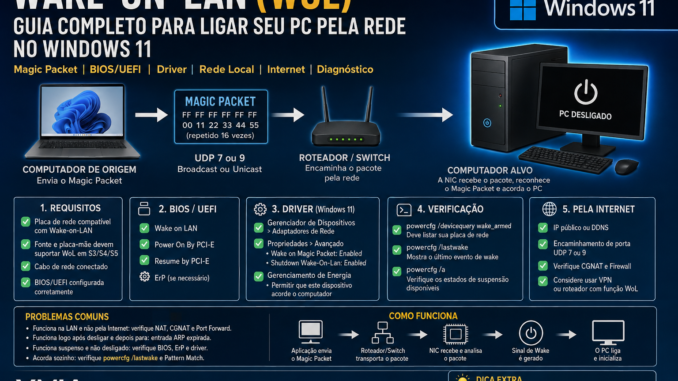 Wake-on-LAN no Windows 11 mostrando Magic Packet, BIOS UEFI, driver de rede e computador sendo ligado remotamente