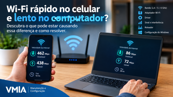 Wi-Fi rápido no celular e lento no computador com comparação de velocidades