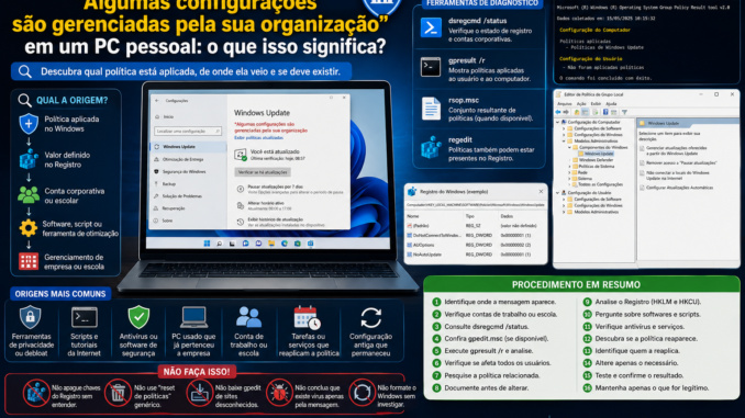 Windows 11 mostrando a mensagem Algumas configurações são gerenciadas pela sua organização e ferramentas para identificar políticas aplicadas