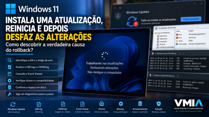 Windows 11 desfazendo atualização após reiniciar com diagnóstico de rollback, CBS.log, DISM.log e Event Viewer