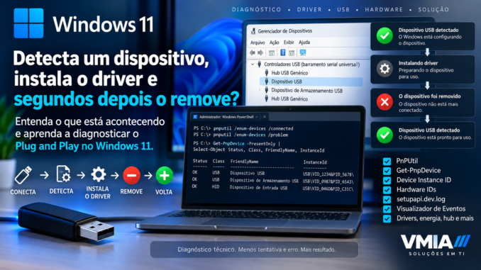 Windows 11 detecta dispositivo, instala o driver e depois remove, com diagnóstico de Plug and Play usando PnPUtil, Get-PnpDevice e Device Instance ID