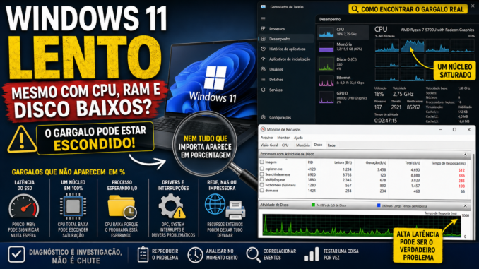 Windows 11 lento mesmo com CPU, RAM e disco baixos mostrando gargalos ocultos como latência do SSD, núcleo saturado, drivers e processos esperando I/O