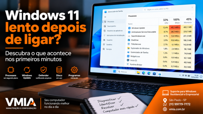 Windows 11 lento depois de ligar com Gerenciador de Tarefas mostrando uso alto de disco e processos em segundo plano