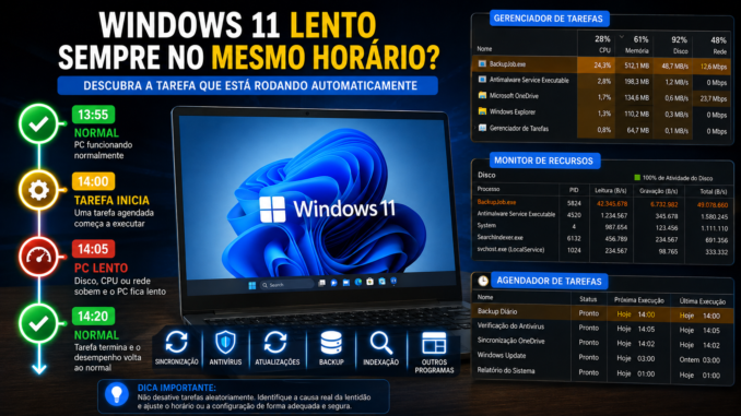 Windows 11 lento sempre no mesmo horário mostrando tarefa agendada, Gerenciador de Tarefas e Monitor de Recursos para diagnóstico