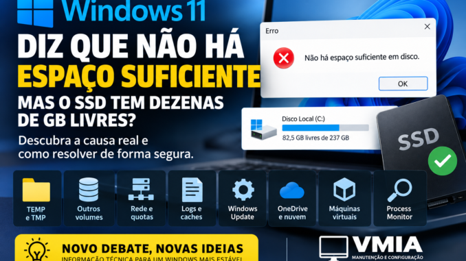 Windows 11 diz que não há espaço suficiente mesmo com SSD com dezenas de GB livres, mostrando diagnóstico de TEMP, outros volumes, quotas, Windows Update, OneDrive e Process Monitor