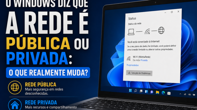 Windows 11 mostrando as diferenças entre Rede Pública e Rede Privada e como o perfil de rede influencia Firewall, descoberta e compartilhamento.