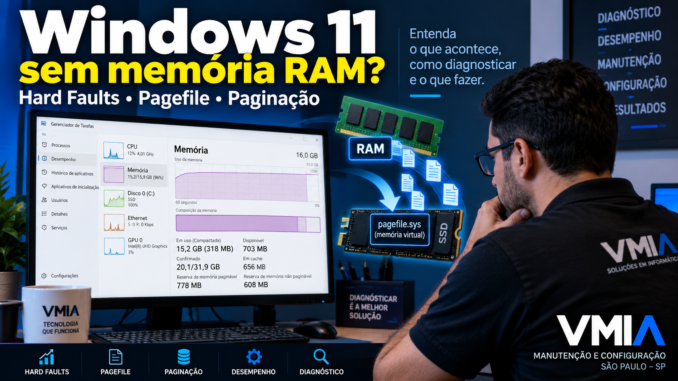 Windows 11 sem memória RAM mostrando Hard Faults, pagefile.sys e paginação entre RAM e SSD