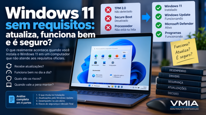 Windows 11 instalado sem cumprir os requisitos mostrando TPM 2.0, Secure Boot, processador incompatível, Windows Update e Microsoft Defender