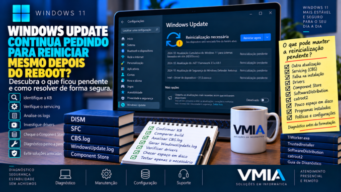 Windows Update continua pedindo para reiniciar no Windows 11 mesmo depois do reboot, com diagnóstico de atualizações e operações pendentes.