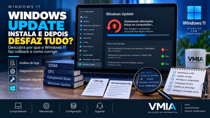 Windows Update desfaz atualizações no Windows 11 após falha na instalação, com diagnóstico de rollback, CBS.log, DISM e SFC.
