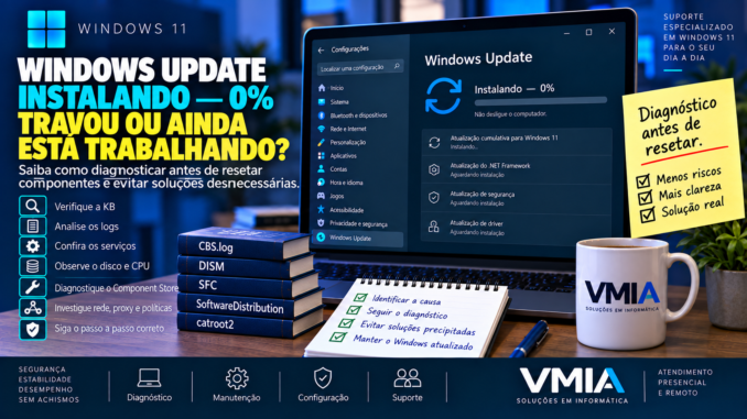Windows Update Instalando 0% no Windows 11 com diagnóstico para descobrir se a atualização travou ou ainda está trabalhando.