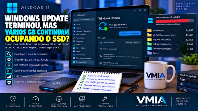 Windows Update ocupando espaço no SSD do Windows 11 após a instalação de atualizações.