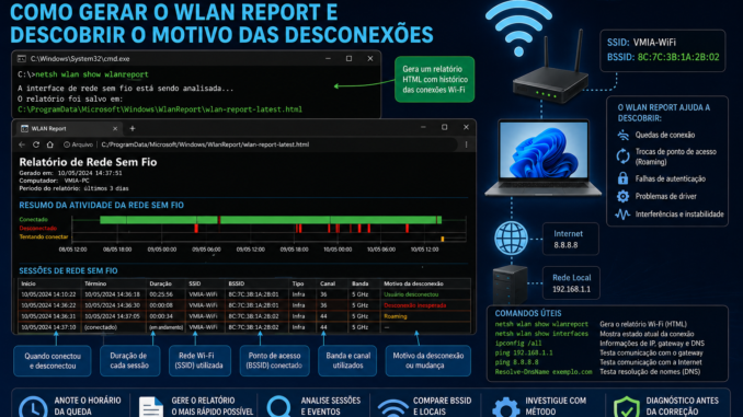 WLAN Report no Windows 11 mostrando histórico de conexões, quedas de Wi-Fi, SSID, BSSID, roaming e diagnóstico de desconexões