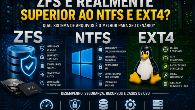 Comparação entre ZFS, NTFS e EXT4 destacando integridade de dados, snapshots, desempenho, armazenamento e recursos avançados para servidores e NAS.