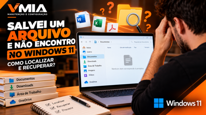 Usuário procura arquivo desaparecido no Windows 11, com Explorador de Arquivos, documentos Word, Excel, PDF e OneDrive.