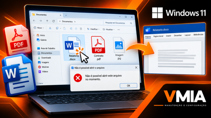Arquivo não abre com dois cliques no Windows 11, mostrando erro no Explorador de Arquivos ao abrir DOCX e PDF, embora o documento funcione dentro do programa.