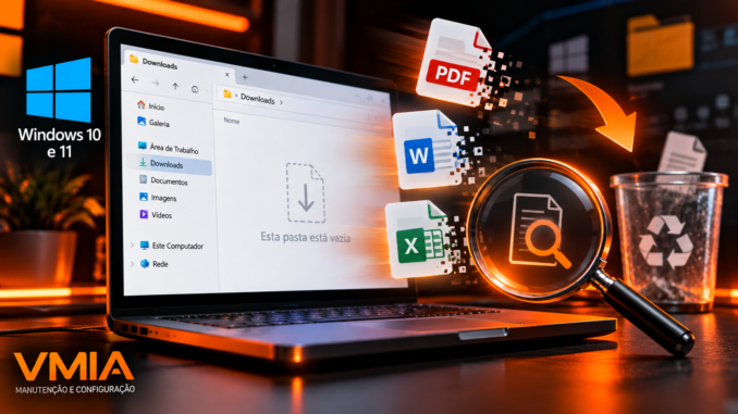 Pasta Downloads do Windows 11 com arquivos desaparecidos e ferramentas de diagnóstico para localizar documentos perdidos.