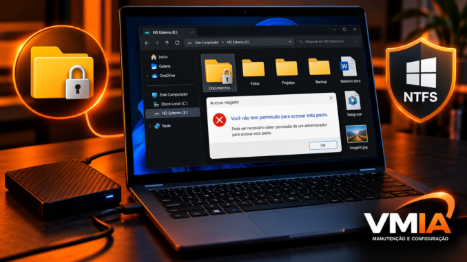 Arquivos de outro HD com acesso negado no Windows 11, mostrando notebook, HD externo, pasta com cadeado e alerta de permissões NTFS.