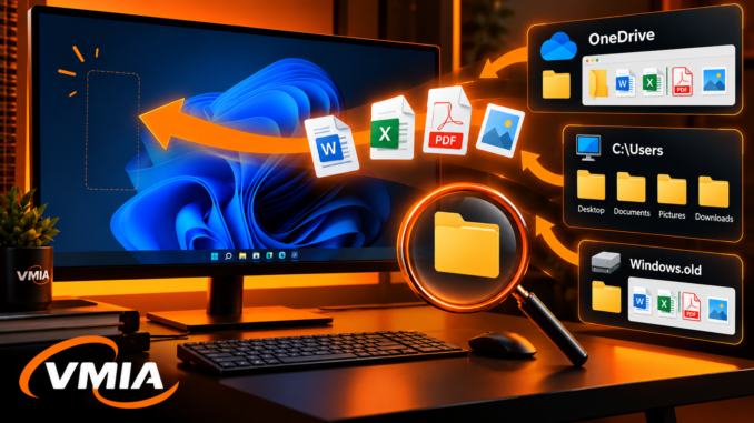 Monitor com Windows 11 exibindo Área de Trabalho vazia e documentos sendo localizados em pastas do OneDrive e do sistema.