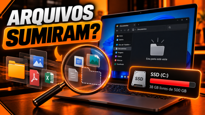 Arquivos sumiram do PC com Windows 11, mas o SSD continua cheio. Notebook mostra pasta vazia e investigação de documentos desaparecidos.
