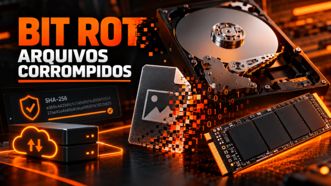 Bit Rot e corrupção de arquivos em HD e SSD, com ilustração de dados digitais danificados, verificação SHA-256 e backup.