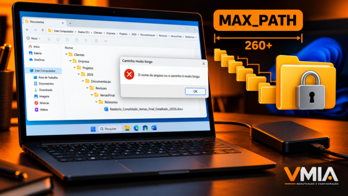 Notebook com Windows 11 exibindo erro de caminho muito longo no Explorador de Arquivos, pastas aninhadas, MAX_PATH e cadeado.