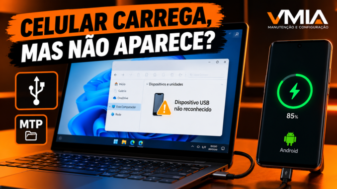 Celular Android carregando pelo cabo USB-C, mas não reconhecido pelo Windows 11 em um notebook, com alerta de erro USB e referência ao protocolo MTP.