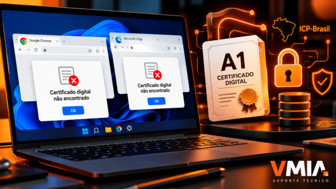Certificado digital A1 não aparece no Chrome ou Edge no Windows 11, com alerta de certificado não encontrado e suporte técnico VMIA.