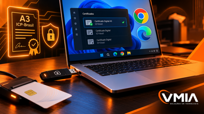 Como instalar certificado digital A3 no Windows 11 com token USB, cartão inteligente, leitor e configuração de certificados.