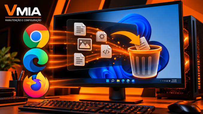 Tela de computador com os navegadores Chrome, Edge e Firefox e elementos de limpeza de cache no Windows 11.