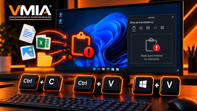 Computador com Windows 11 apresentando falha nos atalhos Ctrl+C e Ctrl+V, com destaque para a área de transferência e o histórico Win+V.