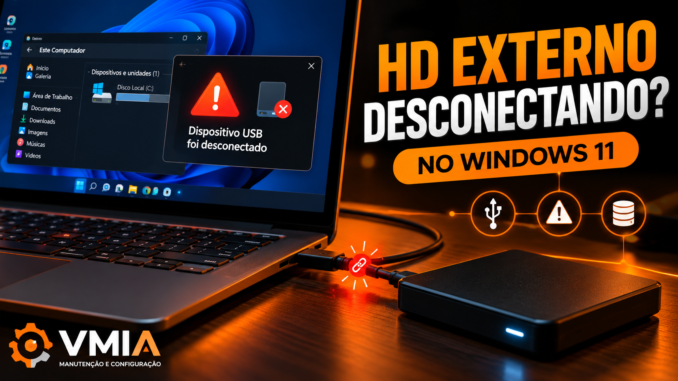 HD externo desconecta sozinho no Windows 11, com notebook exibindo alerta de dispositivo USB desconectado e falha na conexão.
