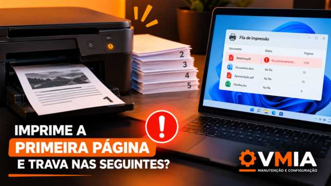 Impressora imprime a primeira página e trava nas seguintes, com fila de impressão do Windows 11 mostrando documento parado em processamento.