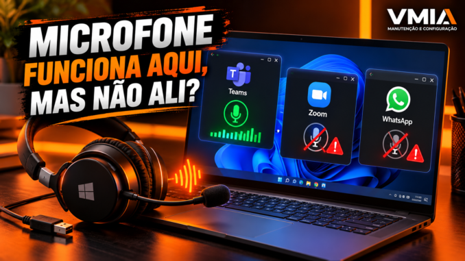 Microfone funciona no Teams, mas não no Zoom ou WhatsApp no Windows 11, com notebook, headset USB e alertas de falha de áudio.