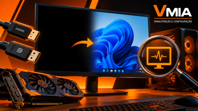 Monitor de computador com tela preta intermitente, conexão HDMI e ferramentas de diagnóstico de vídeo no Windows 11.