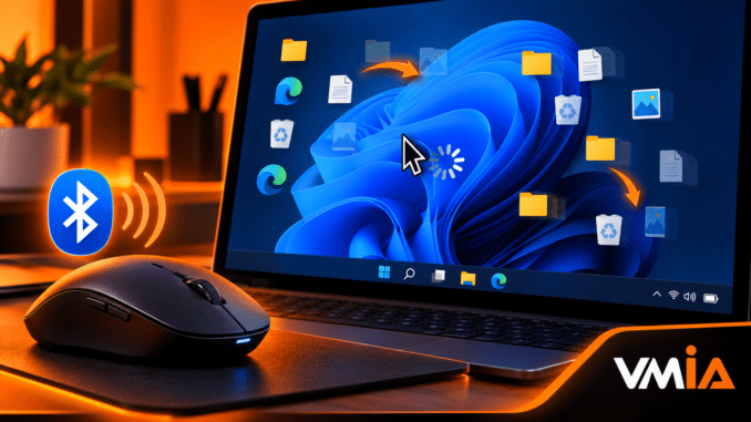 Mouse Bluetooth travando no Windows 11, com notebook exibindo cursor congelado, símbolo Bluetooth e indicador de carregamento na tela.