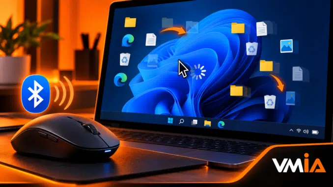 Mouse Bluetooth travando no Windows 11, com notebook exibindo cursor congelado, símbolo Bluetooth e indicador de carregamento na tela.