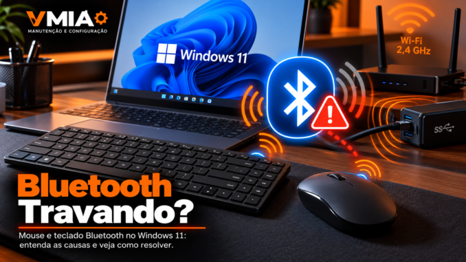 Notebook Windows 11 com mouse e teclado Bluetooth, símbolo de conexão Bluetooth e alerta de interferência Wi-Fi de 2,4 GHz.