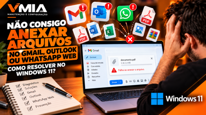 Erro ao anexar arquivos no Gmail, Outlook e WhatsApp Web no Windows 11, com documento PDF que não carrega e usuário procurando solução.