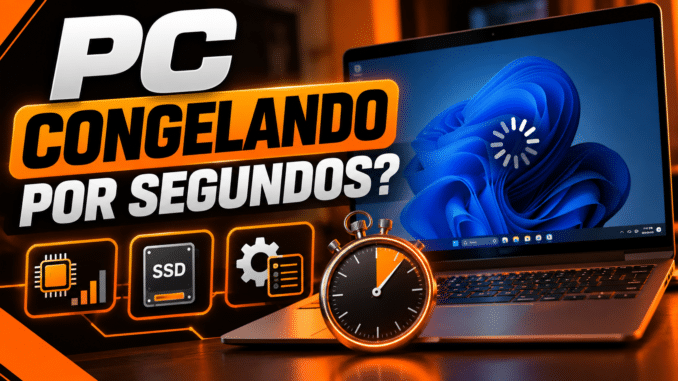 PC congelando por alguns segundos no Windows 11, com indicadores de CPU, SSD, drivers e diagnóstico de travamentos.