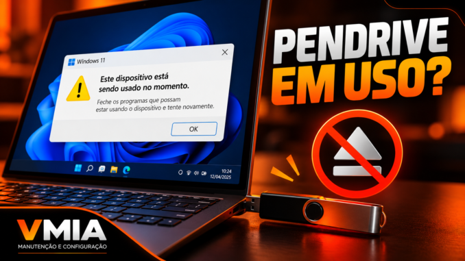 Notebook com Windows 11 exibindo aviso de pendrive em uso, dispositivo USB conectado e símbolo de remoção segura bloqueada.