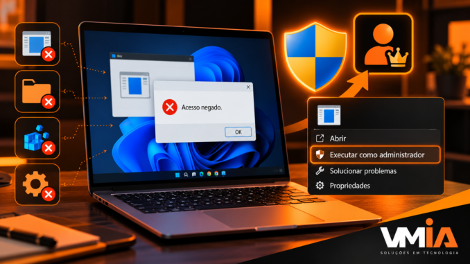 Programa só abre como administrador no Windows 11, com aviso de acesso negado, escudo UAC e opção Executar como administrador.